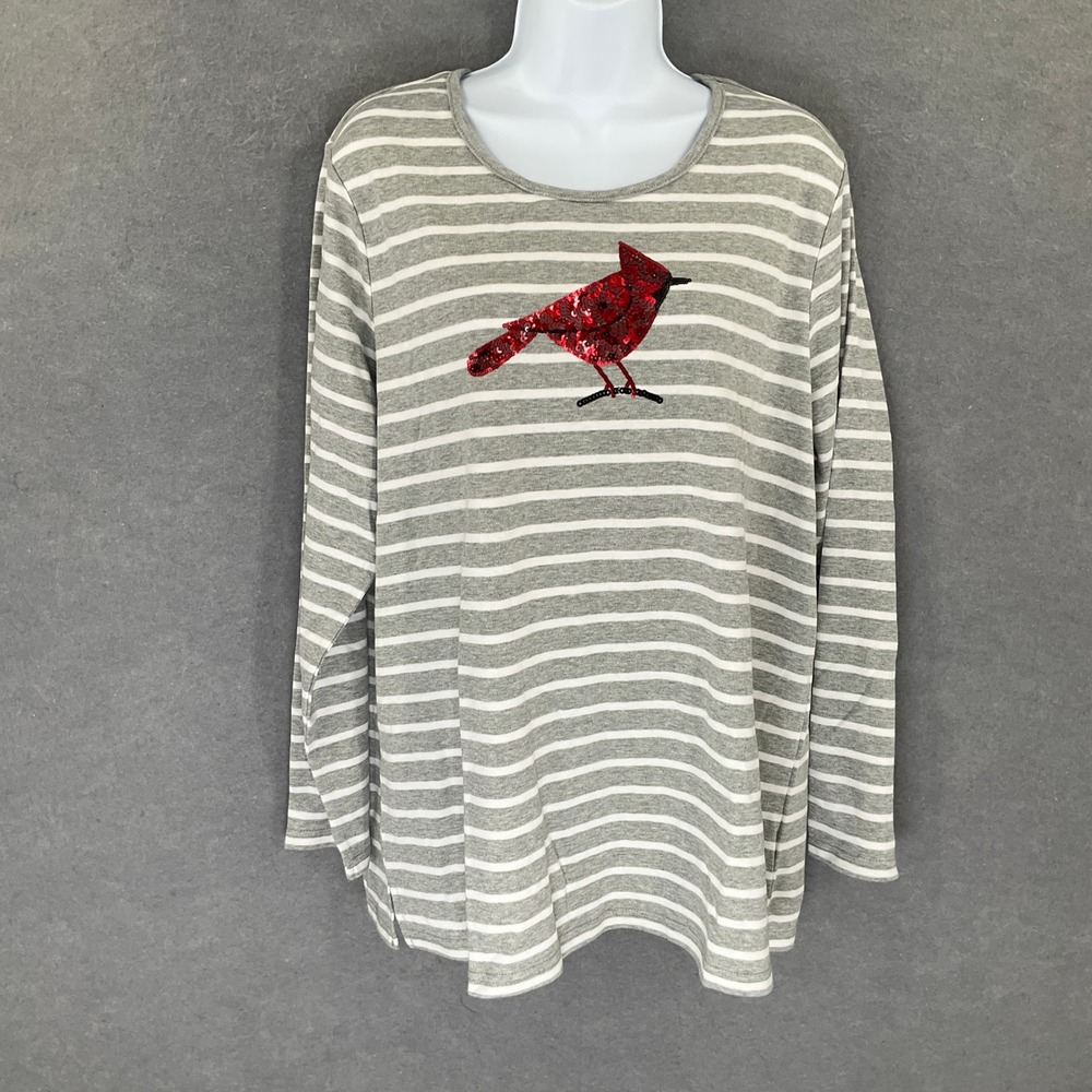 Quaker Factory Top Womens Sz XL Cardinal Sequin Long Sleeve Gray White Stripe‎